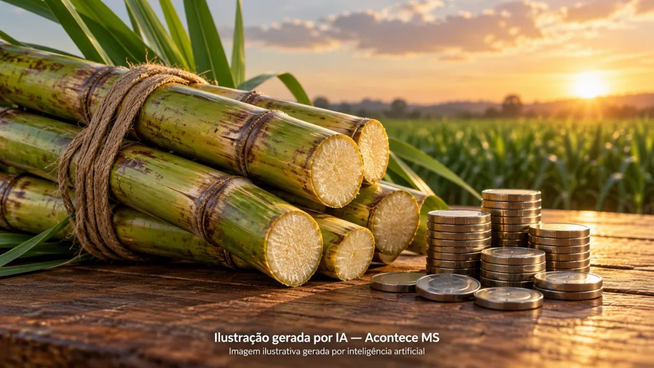 Feixe de cana e discos metálicos sem valor simbolizam apoio econômico aos produtores, sem representar pagamento realizado. Ilustração gerada por IA — Acontece MS.