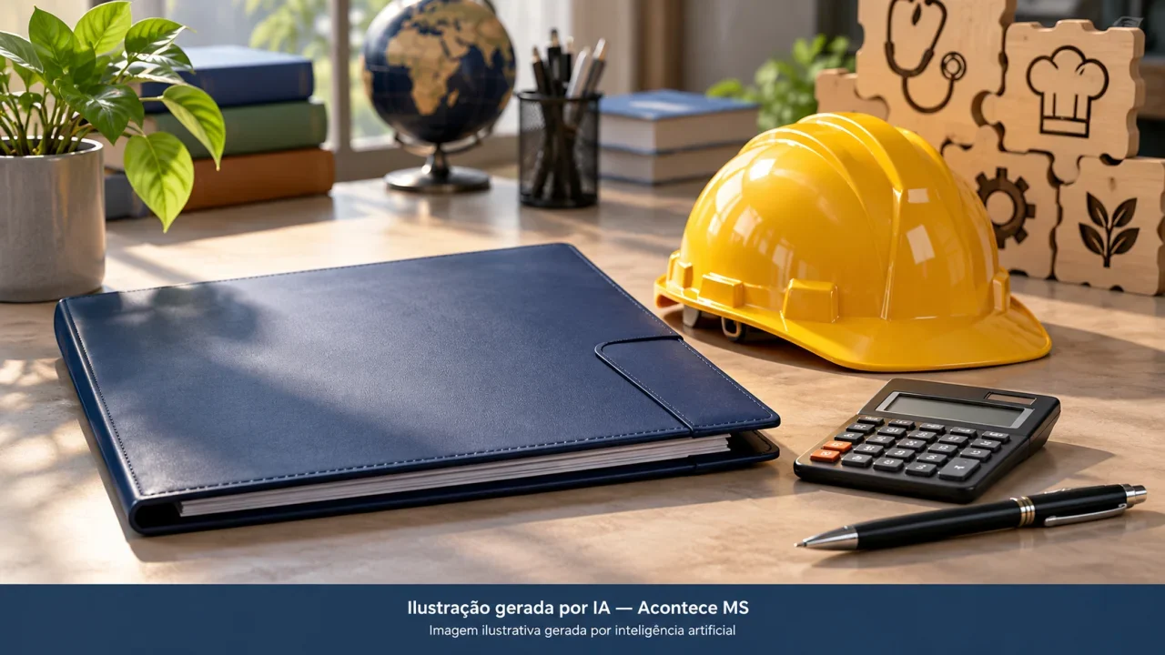 Pasta, capacete, calculadora e símbolos de profissões representam oportunidades de emprego. Não é fotografia do atendimento da Funsat. Ilustração gerada por IA — Acontece MS.