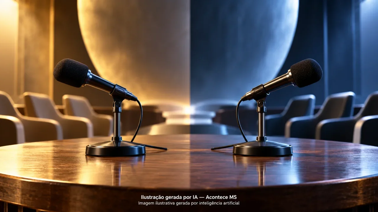 Microfones em sentidos opostos e cadeiras vazias simbolizam divergência parlamentar. Não é fotografia do fato. Ilustração gerada por IA — Acontece MS.