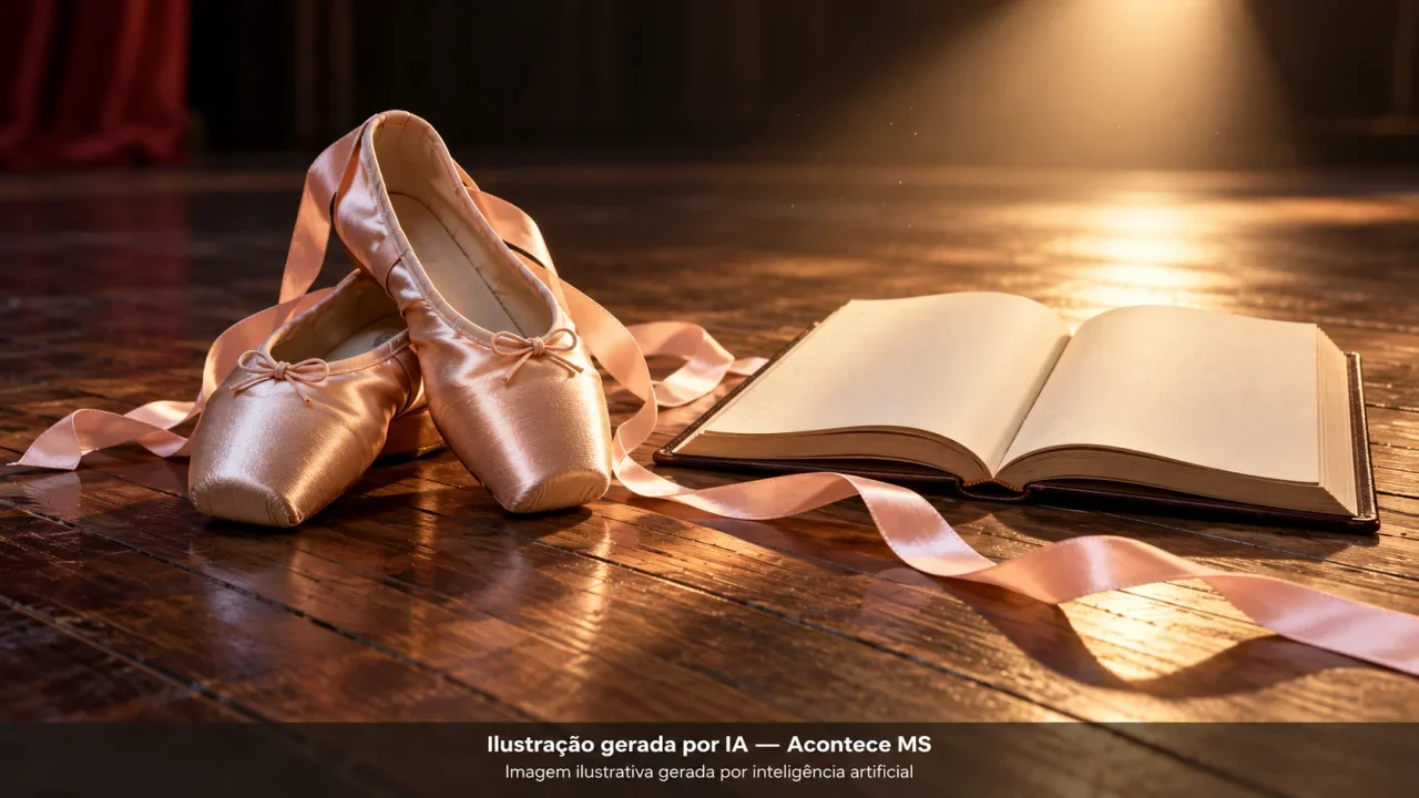 Sapatilhas de ballet, livro sem escrita e fita simbolizam dança e imaginação. Não é fotografia do fato. Ilustração gerada por IA — Acontece MS.