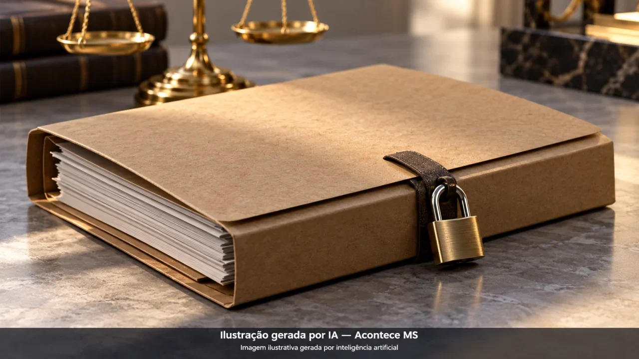 Pasta fechada e cadeado simbolizam cumprimento de ordem judicial, sem representar a prisão. Não é fotografia do fato. Ilustração gerada por IA — Acontece MS.