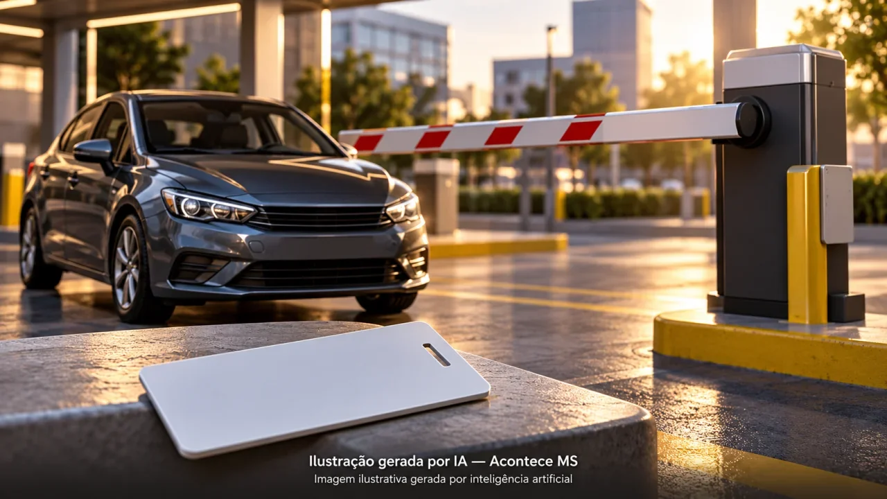 Carro genérico, cartão sem dados e cancela simbolizam estacionamento de trabalhadores. Não é fotografia do fato. Ilustração gerada por IA — Acontece MS.