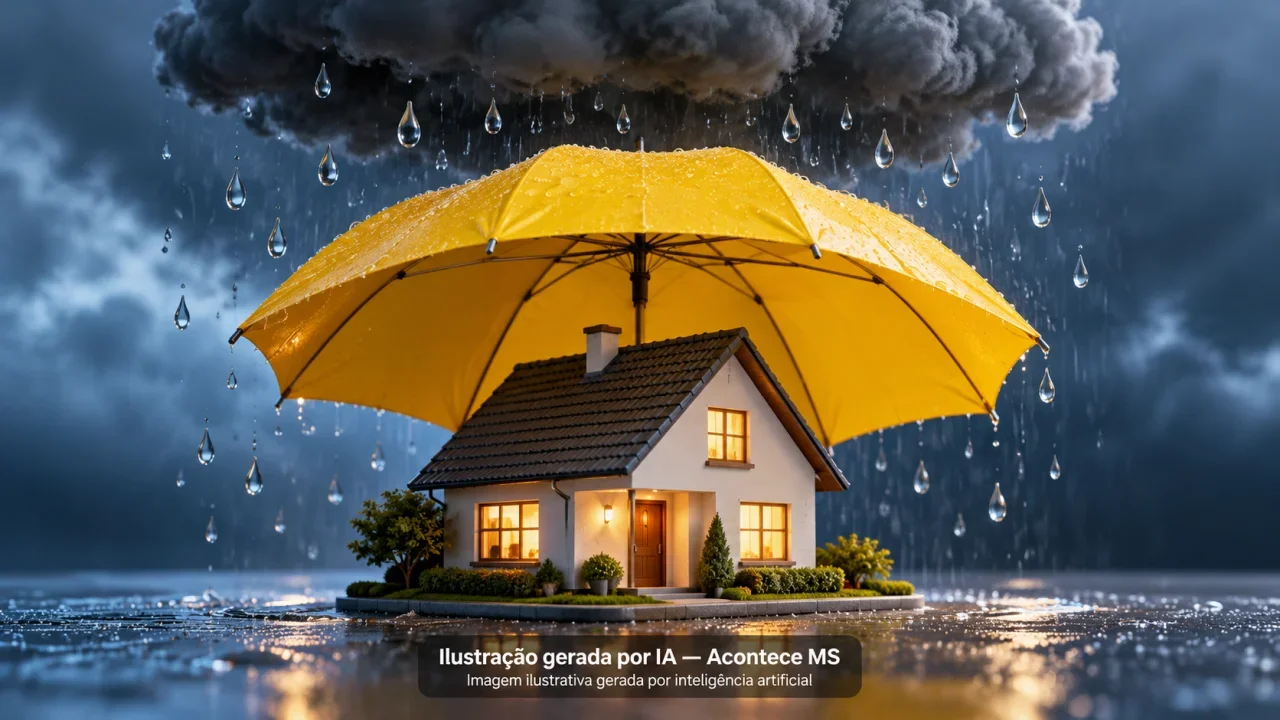 Casa em miniatura sob guarda-chuva amarelo e nuvem escura simboliza atenção à previsão de temporais. Não é fotografia do fato. Ilustração gerada por IA — Acontece MS.