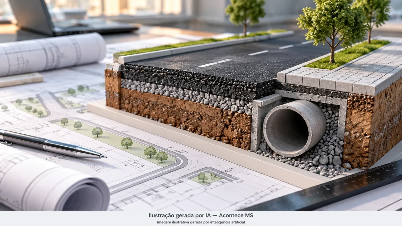 Maquete de pavimentação e drenagem sobre mesa de planejamento representa infraestrutura urbana, sem retratar obras executadas. Não é fotografia do fato. Ilustração gerada por IA — Acontece MS.