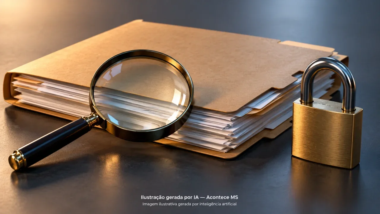 Pasta sem texto, lupa e cadeado simbolizam investigação e ordens judiciais, sem representar a operação real. Não é fotografia do fato. Ilustração gerada por IA — Acontece MS.