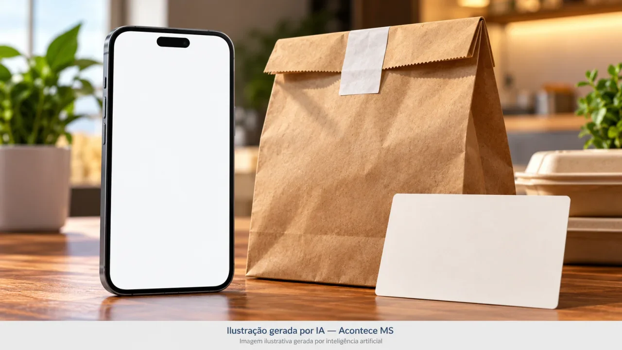 Smartphone, sacola de entrega e cartão em branco simbolizam informação ao consumidor em aplicativos. Não é fotografia do fato. Ilustração gerada por IA — Acontece MS.