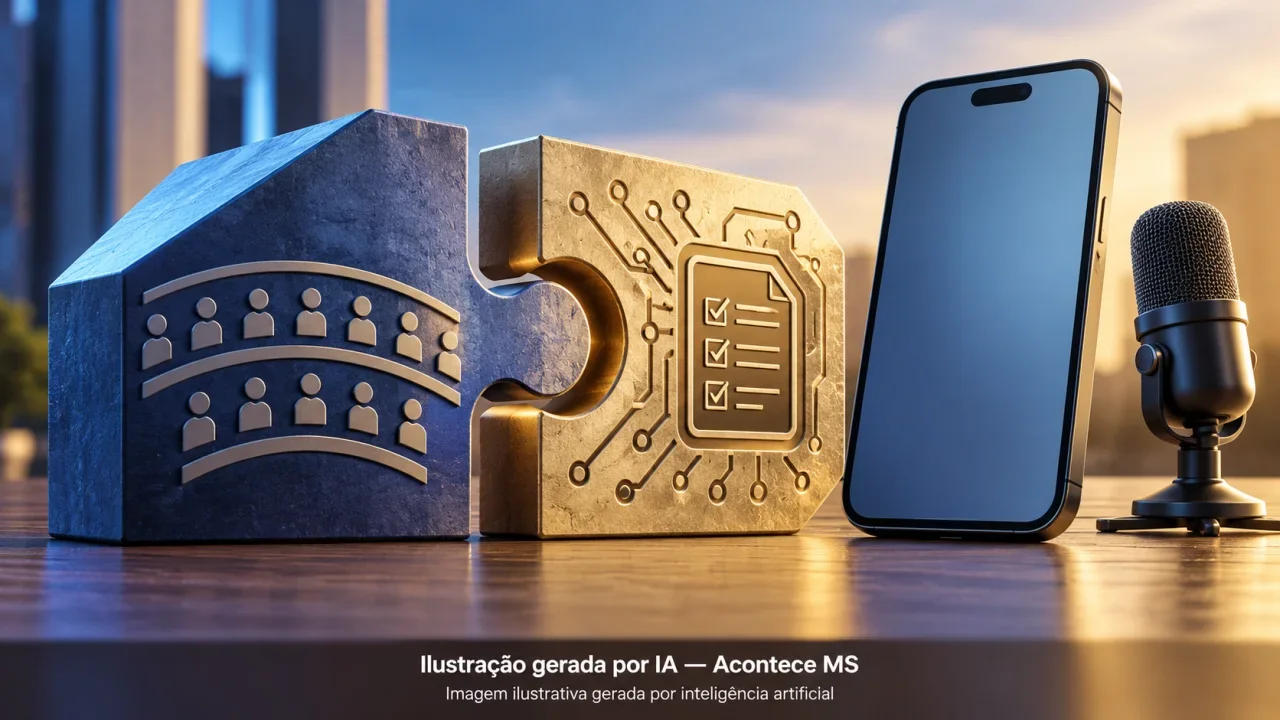 Peças complementares, smartphone e microfone simbolizam debate sobre sistema eleitoral e regras digitais. Não é fotografia do fato. Ilustração gerada por IA — Acontece MS.
