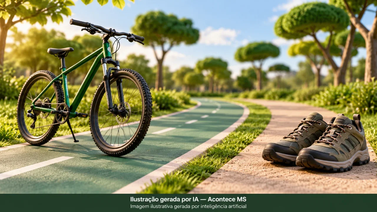 Bicicleta e tênis em paisagem ilustrativa simbolizam lazer para ciclistas e pedestres, sem retratar o Parque dos Poderes real. Não é fotografia do fato. Ilustração gerada por IA — Acontece MS.