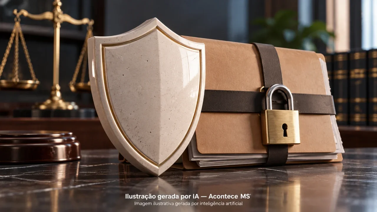 Escudo, pasta e cadeado simbolizam proteção e ordem judicial, sem representar pessoas ou a ocorrência. Não é fotografia do fato. Ilustração gerada por IA — Acontece MS.