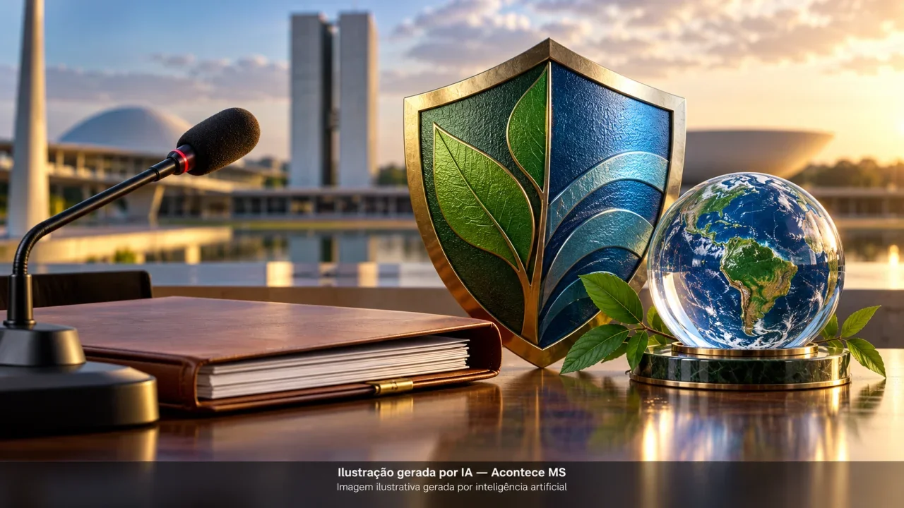 Microfone, pasta, escudo e globo simbolizam pauta legislativa de proteção e clima, sem representar votação realizada. Não é fotografia do fato. Ilustração gerada por IA — Acontece MS.