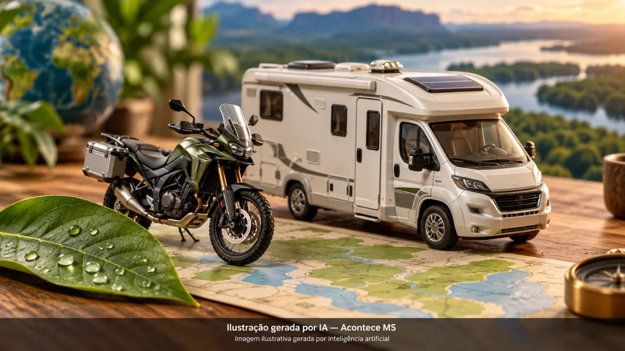 Miniaturas de motocicleta e motorhome ao lado de folha verde e mapa simbolizam turismo sustentável sobre rodas. Não é fotografia do evento. Ilustração gerada por IA — Acontece MS.
