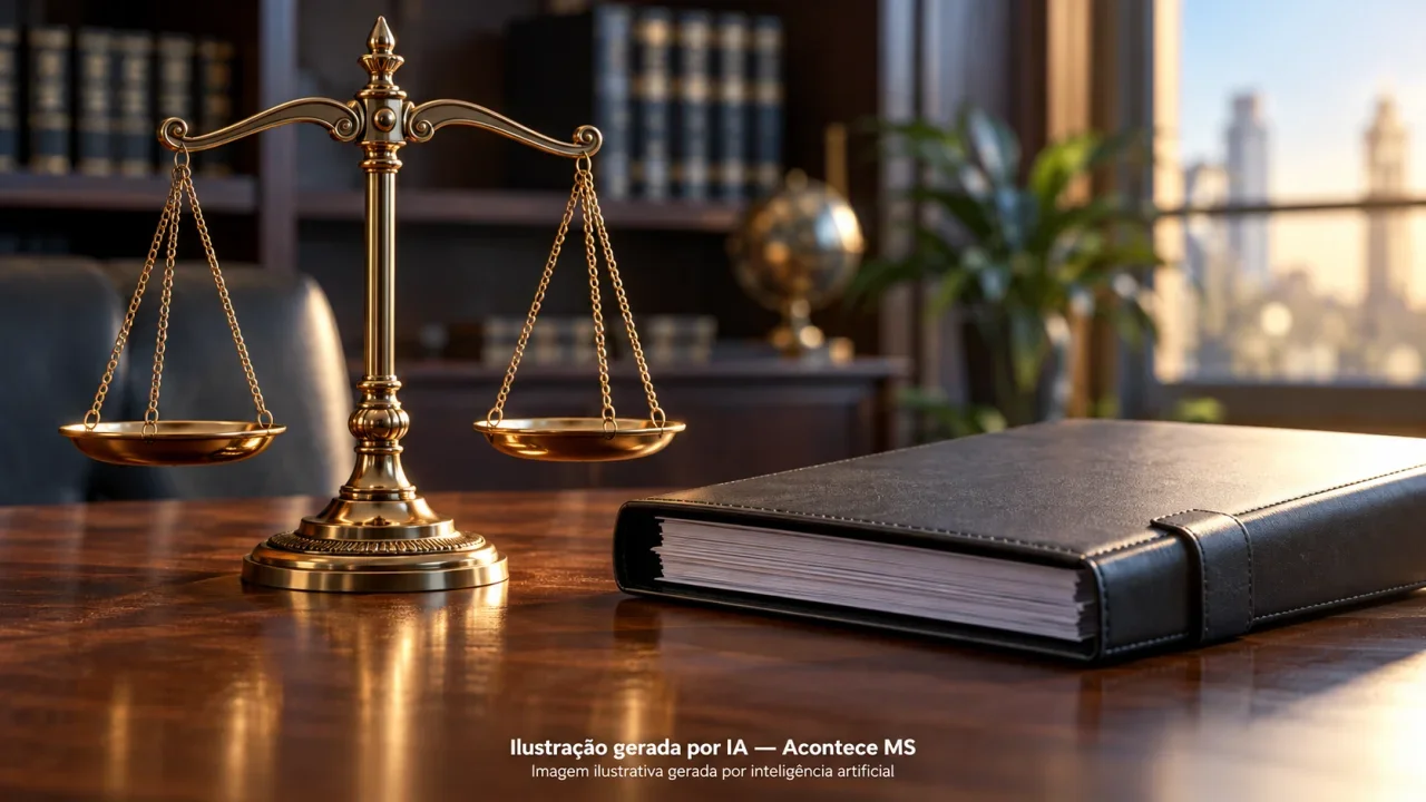 Balança de Justiça e pasta fechada simbolizam cumprimento de sentença, sem representar pessoas ou o crime. Não é fotografia do fato. Ilustração gerada por IA — Acontece MS.