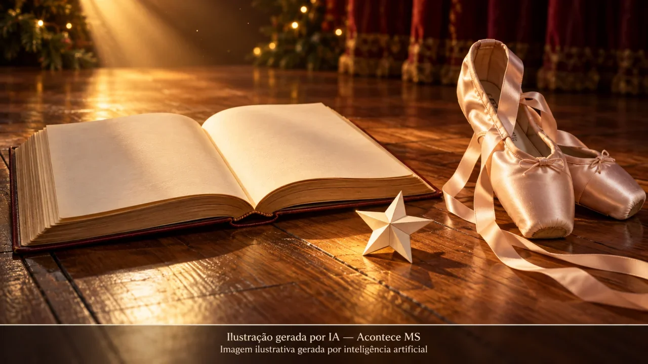 Livro aberto, sapatilhas de ballet e estrela de papel simbolizam dança e conto natalino, sem representar o espetáculo real. Não é fotografia do fato. Ilustração gerada por IA — Acontece MS.