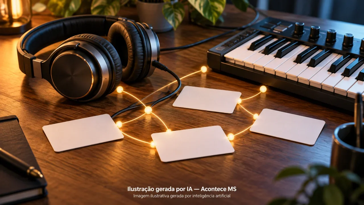 Fone, teclado musical e cartões conectados simbolizam formação e encontros profissionais da música. Não é fotografia do fato. Ilustração gerada por IA — Acontece MS.