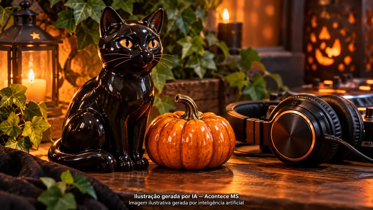 Gato preto de cerâmica, abóbora e fones simbolizam Halloween e música, sem representar o evento real. Não é fotografia do fato. Ilustração gerada por IA — Acontece MS.