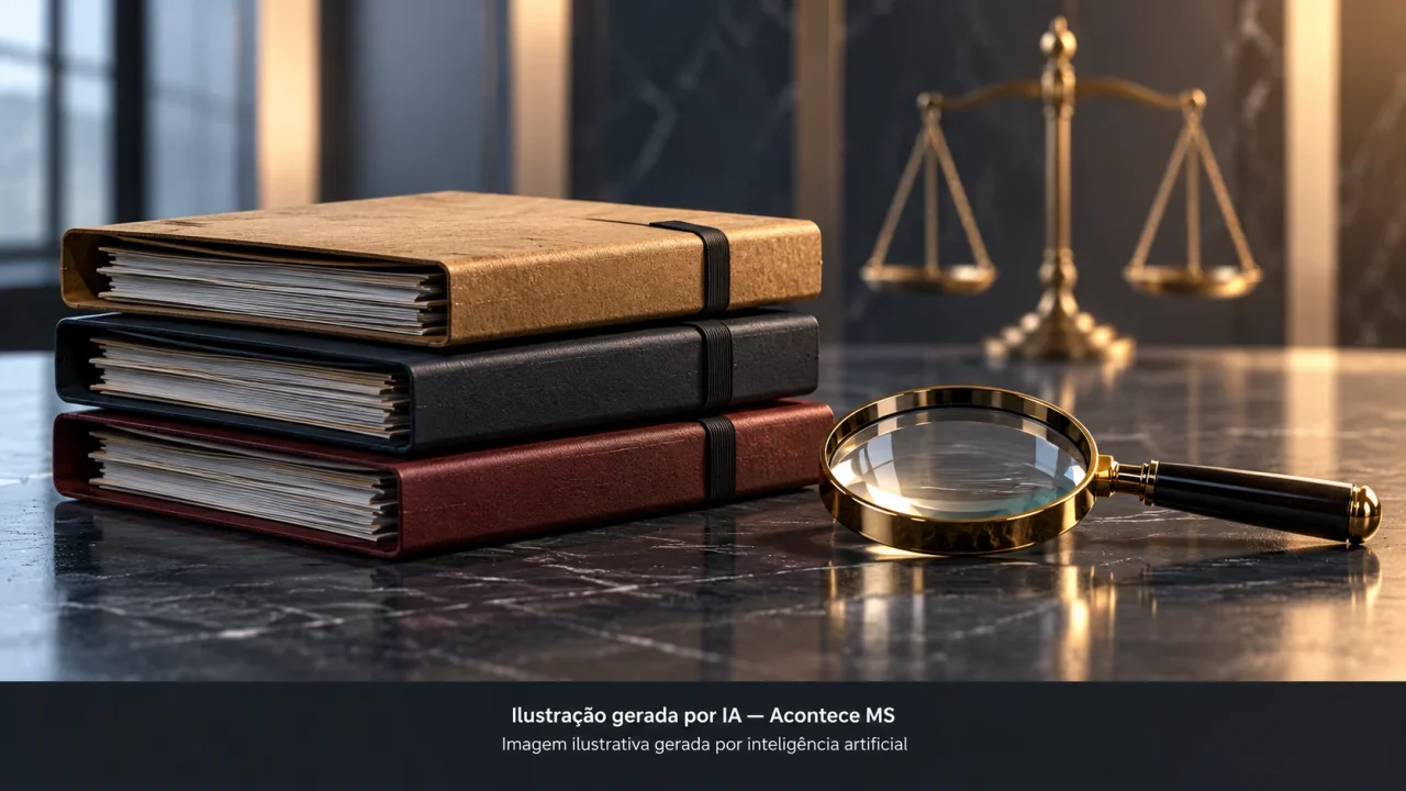 Pastas, lupa e balança de Justiça simbolizam investigação e cumprimento de mandados, sem representar pessoas ou a operação. Não é fotografia do fato. Ilustração gerada por IA — Acontece MS.