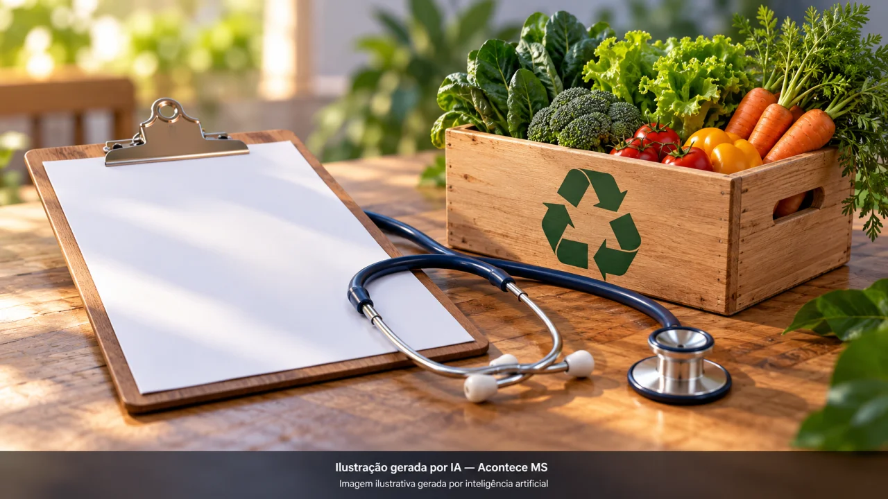Prancheta, estetoscópio e verduras simbolizam serviços comunitários, saúde e sustentabilidade. Ilustração gerada por IA — Acontece MS