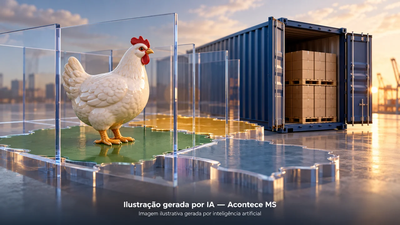 Galinha de cerâmica, divisórias e contêiner simbolizam regionalização sanitária e comércio avícola. Ilustração gerada por IA — Acontece MS