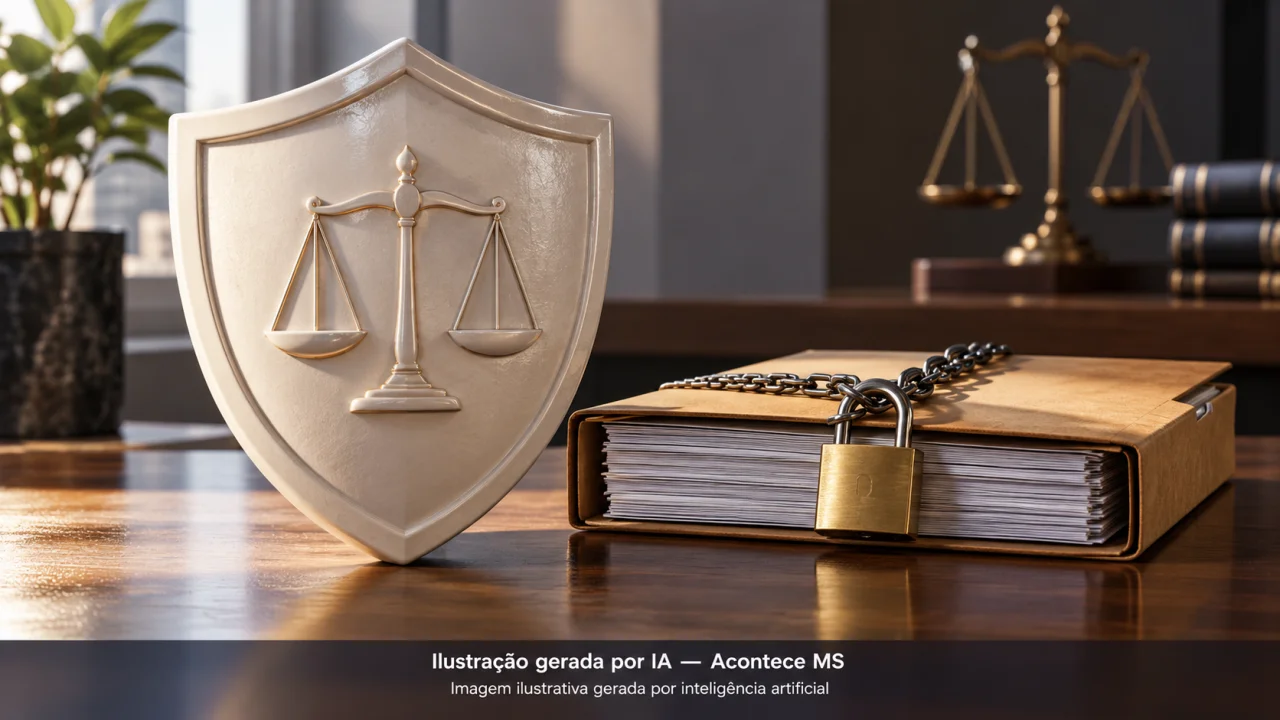 Escudo e pasta com cadeado simbolizam proteção e cumprimento de ordem judicial, sem representar pessoas ou ocorrência. Ilustração gerada por IA — Acontece MS