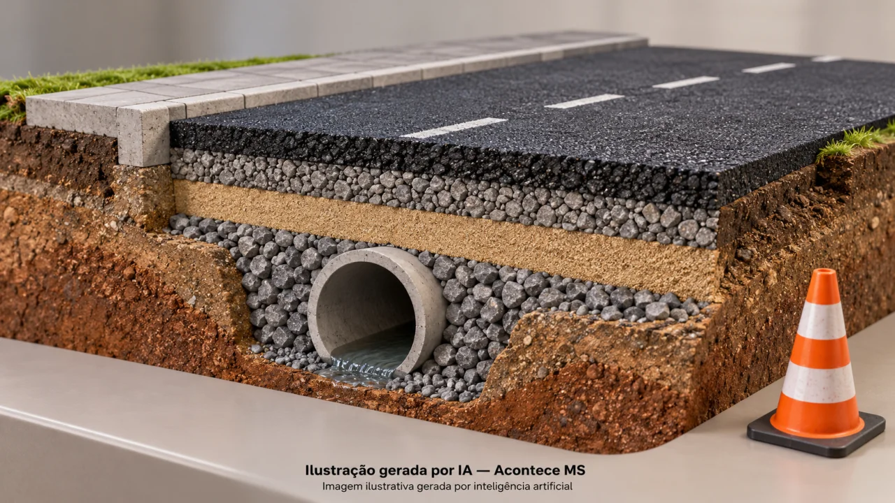 Maquete de pavimentacao e tubulacao de drenagem simboliza infraestrutura, sem representar a obra real. Ilustração gerada por IA — Acontece MS