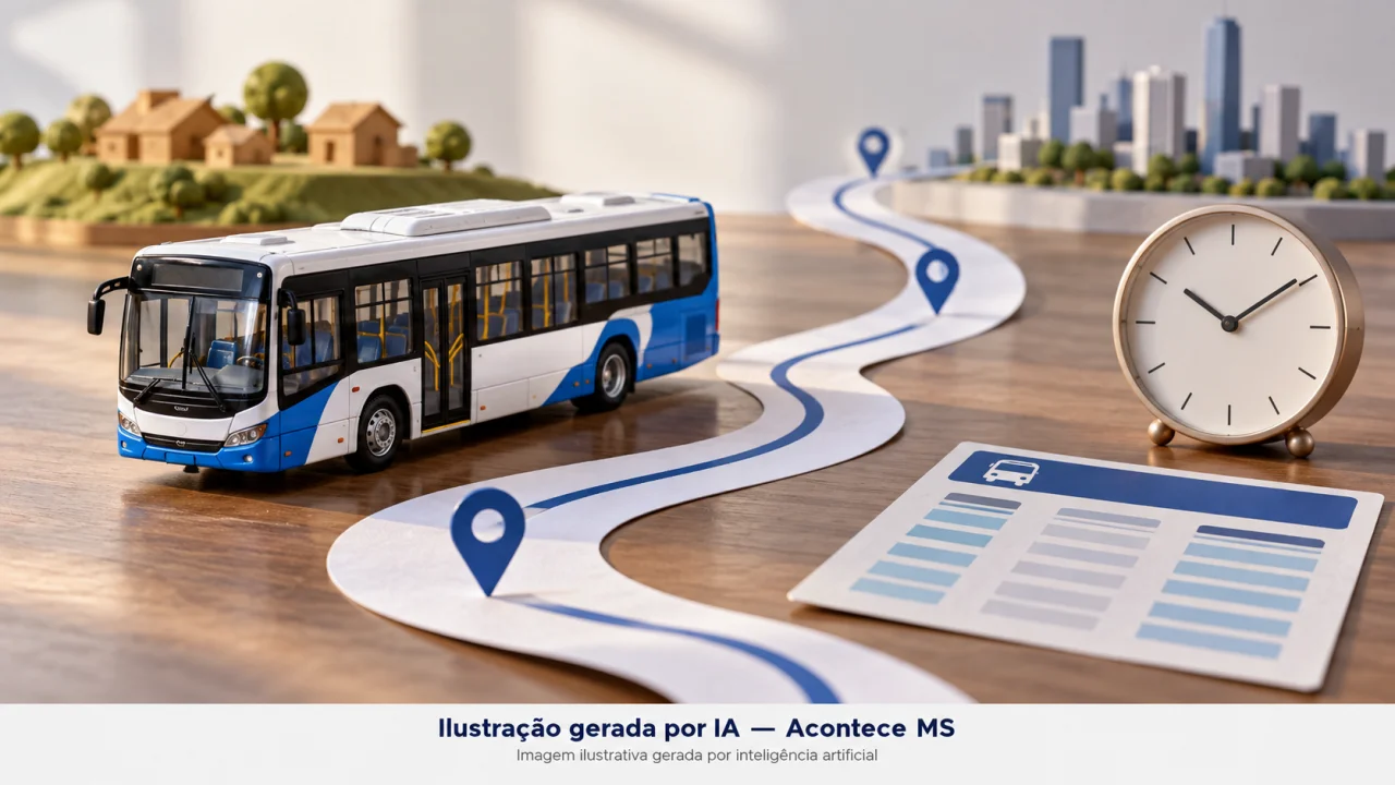 Miniatura de onibus, relogio e trajeto abstrato simbolizam ampliacao do transporte coletivo; nao representa o veiculo nem o local real. Ilustração gerada por IA — Acontece MS