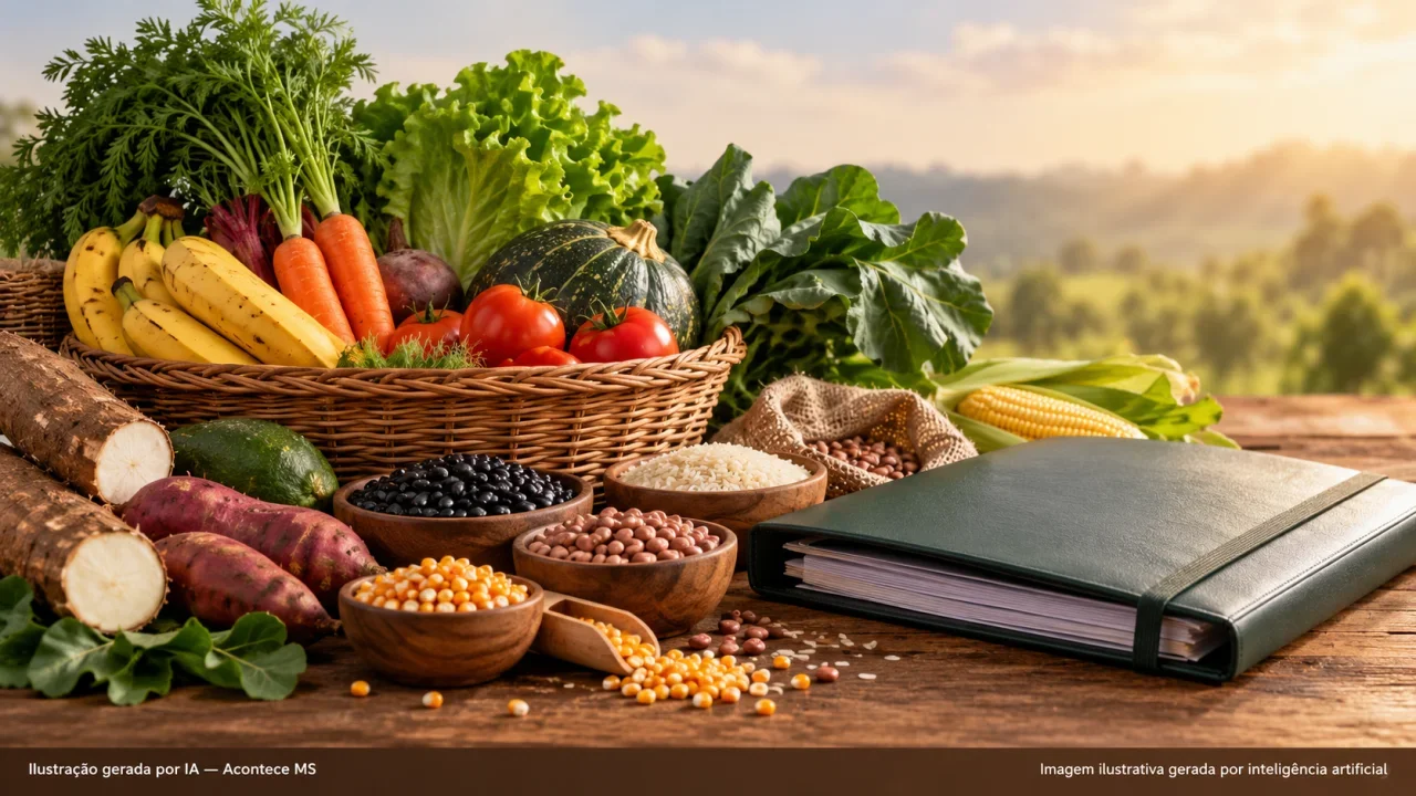 Composição conceitual de cesta de alimentos e pasta sobre segurança alimentar. Ilustração gerada por IA — Acontece MS.