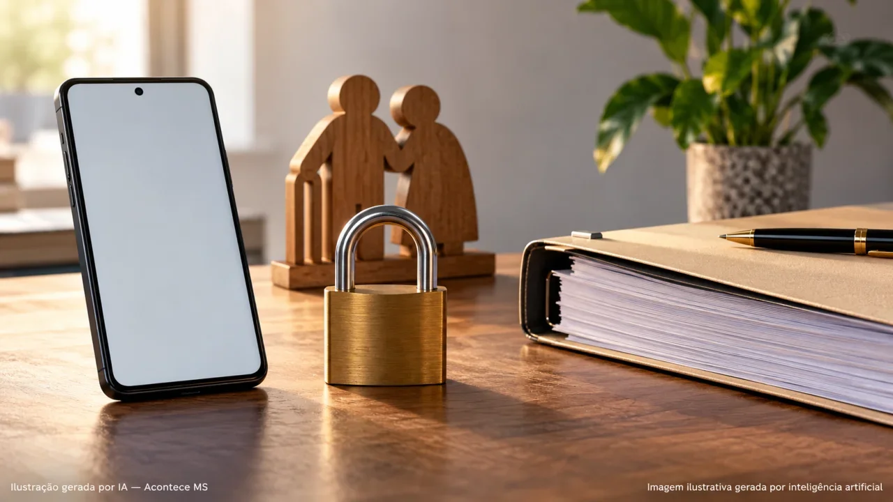 Ilustração conceitual sobre Projeto de lei proíbe consignado para idosos fechado só por robôs e apps; não é fotografia do fato. Ilustração gerada por IA — Acontece MS.