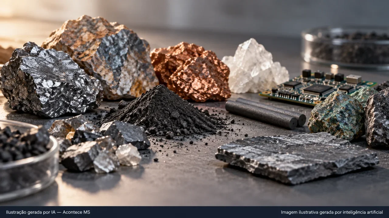 Ilustração conceitual sobre Lula sanciona lei que cria Política Nacional de Minerais Críticos e Estratégicos; não é fotografia do fato. Ilustração gerada por IA — Acontece MS.