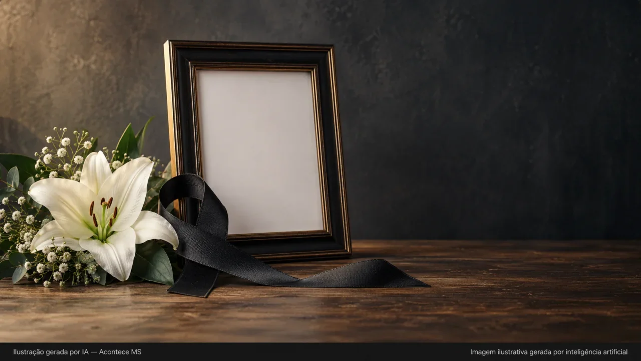 Composição conceitual de fita preta, flor branca e moldura vazia em homenagem de luto. Ilustração gerada por IA — Acontece MS.