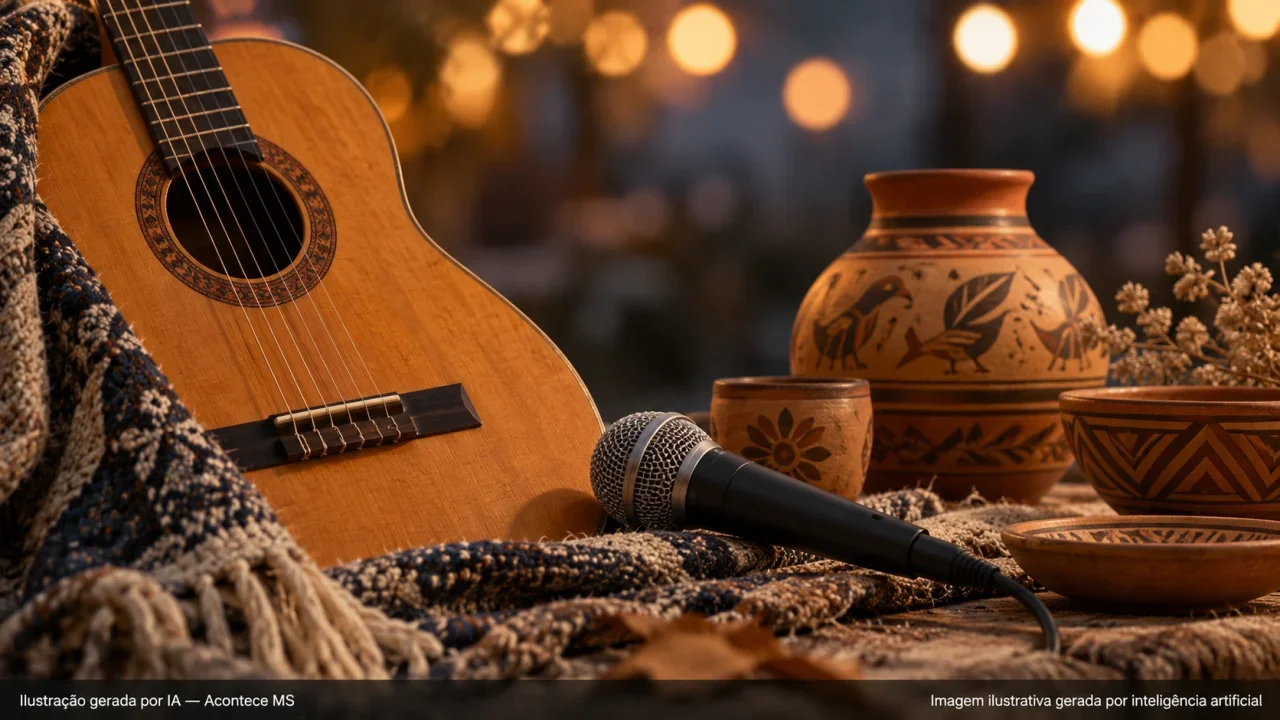 Composição conceitual de instrumentos musicais e artesanato sobre festival cultural. Ilustração gerada por IA — Acontece MS.