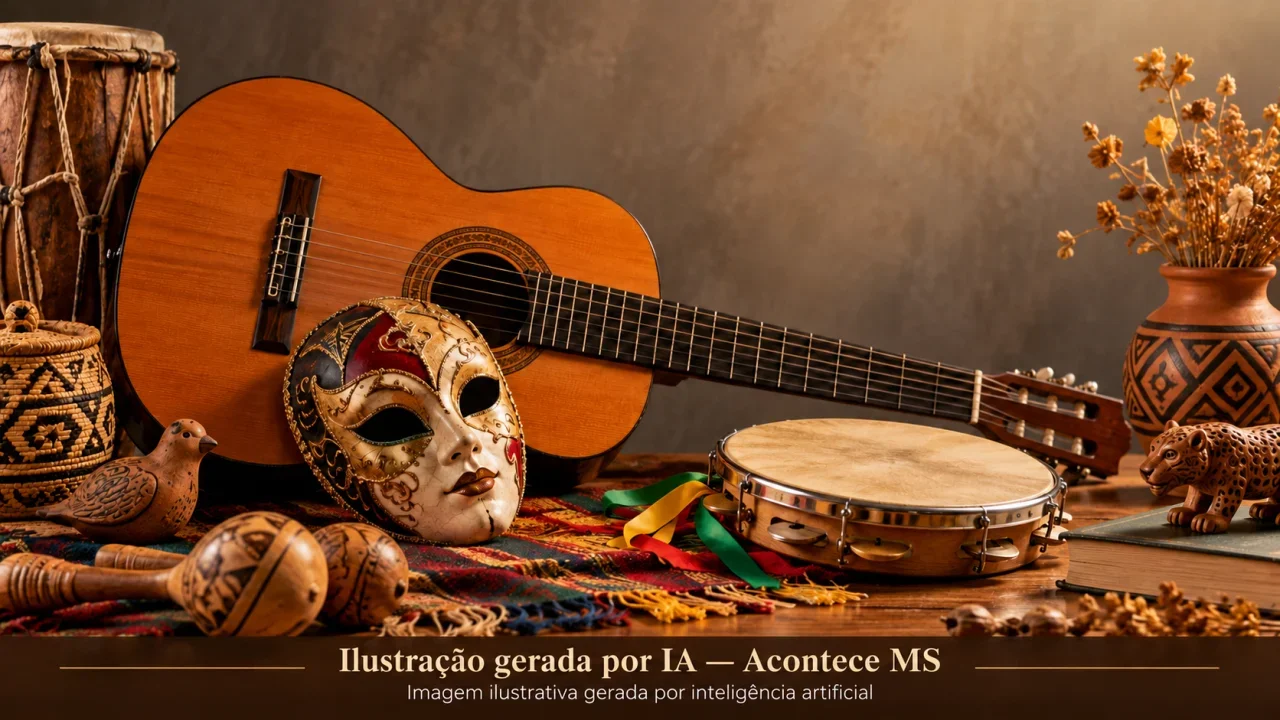 Ilustração conceitual sobre Agendão de MS reúne Festival de Verão, teatro e feiras culturais no fim de semana; não é fotografia do fato. Ilustração gerada por IA — Acontece MS.