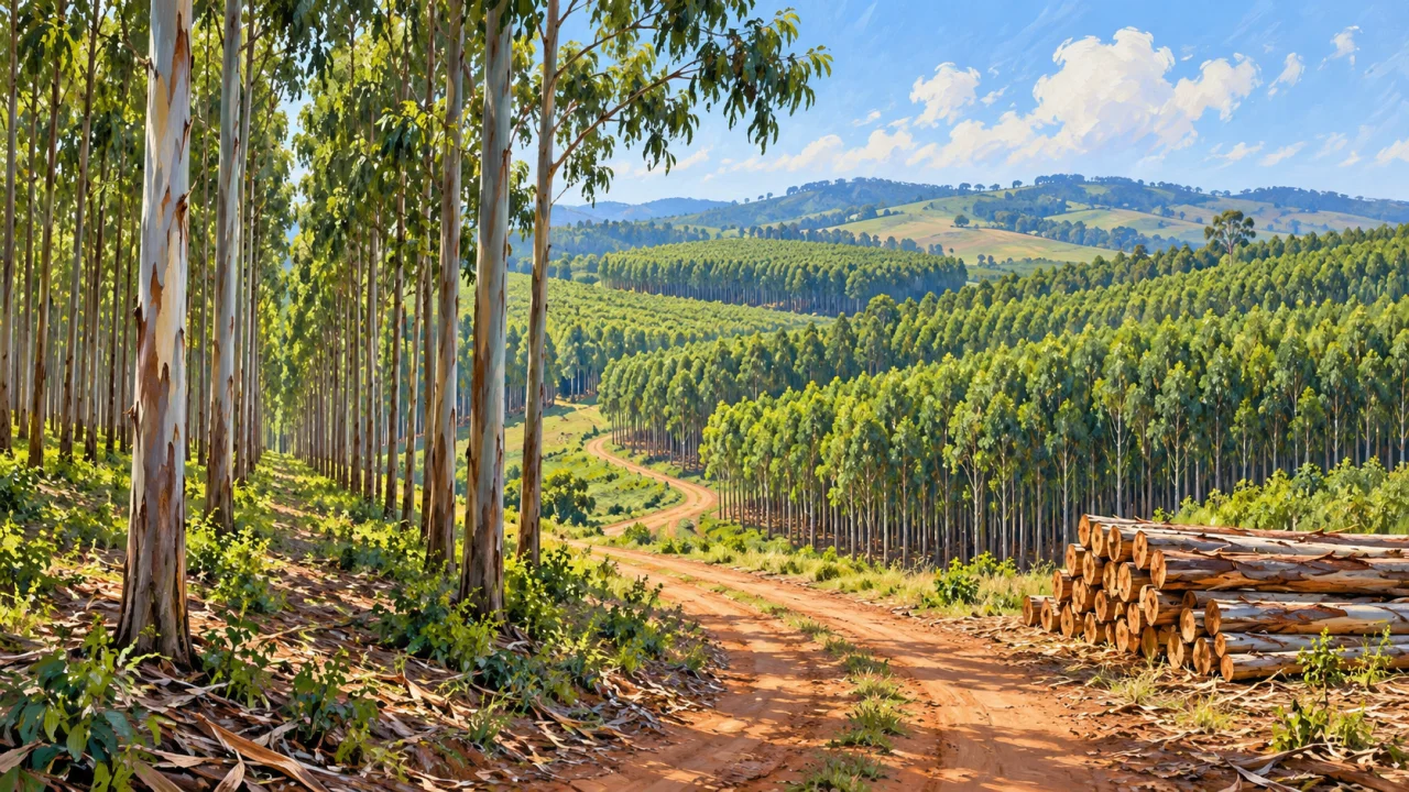 Ilustração de fileiras de eucaliptos, estrada rural e toras empilhadas em floresta plantada.