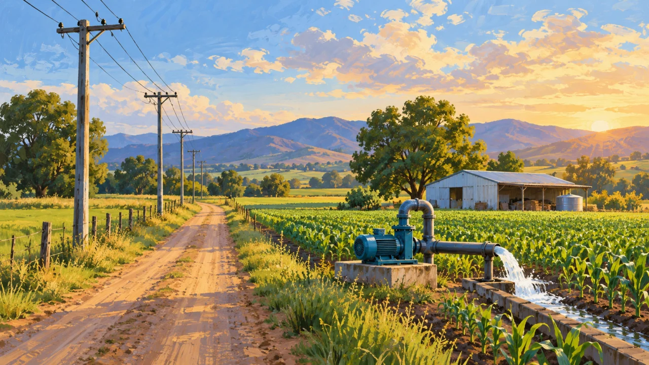 Ilustração de rede elétrica rural e bomba de irrigação junto a uma lavoura.