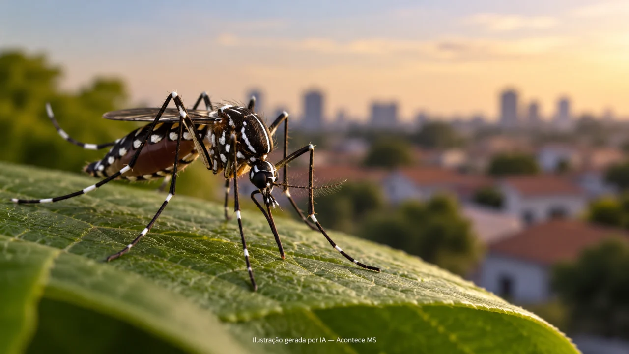 Ilustração de mosquito Aedes aegypti em uma folha, com paisagem urbana desfocada ao fundo. Ilustração gerada por IA — Acontece MS.