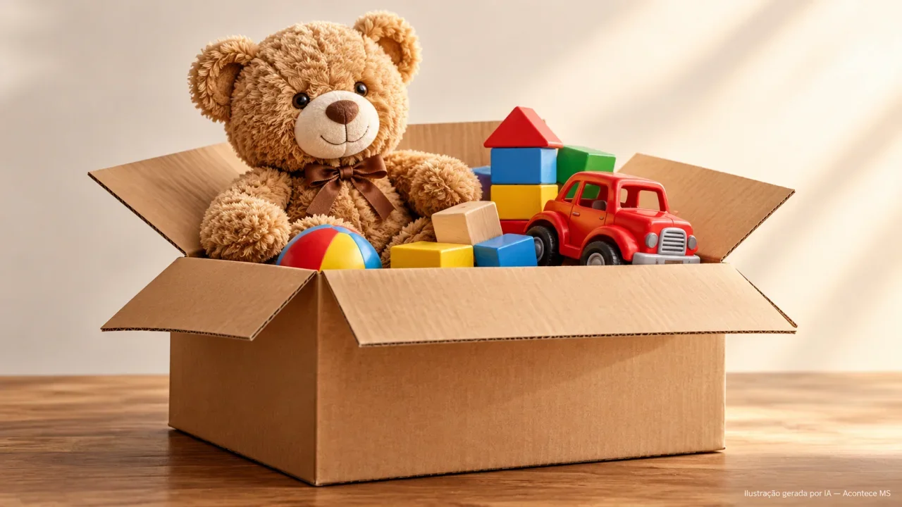 Ilustração conceitual de caixa de doação com urso de pelúcia, blocos e carrinho de brinquedo. Ilustração gerada por IA — Acontece MS.