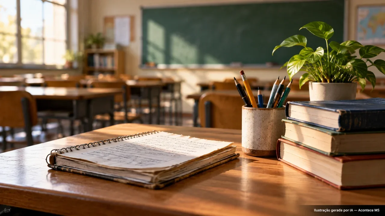Ilustração conceitual de materiais de ensino, livros e planta sobre mesa, em homenagem aos professores. Ilustração gerada por IA — Acontece MS.
