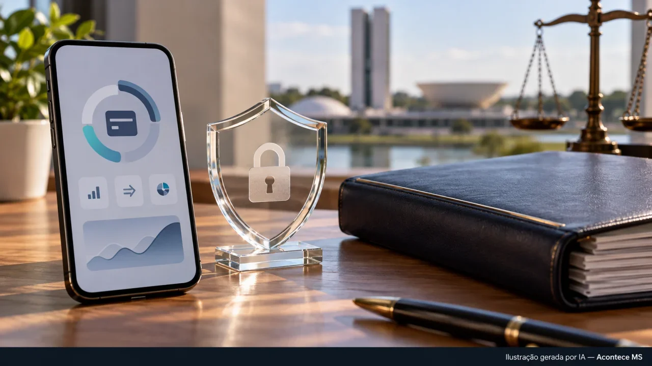 Ilustração conceitual de celular, escudo transparente e pasta legislativa sobre regulação e segurança das fintechs. Ilustração gerada por IA — Acontece MS.