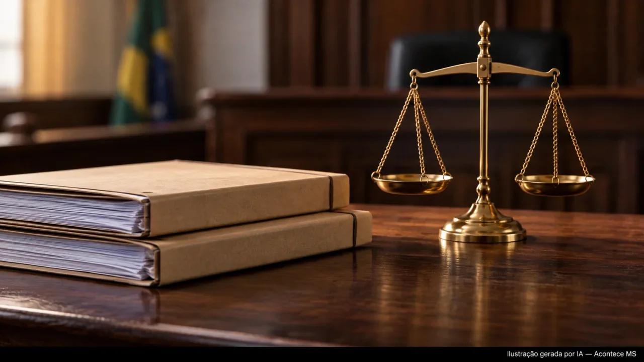 Ilustração conceitual de balança da Justiça e duas pastas processuais, sem retratar os condenados ou o caso real. Ilustração gerada por IA — Acontece MS.