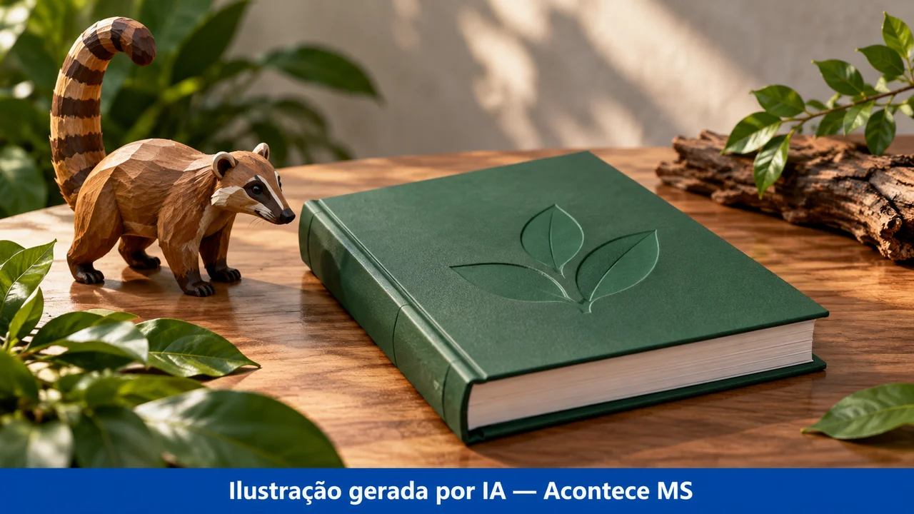 Manual fechado, folhas e quati de madeira em composição simbólica. Ilustração gerada por IA — Acontece MS; não é fotografia do fato.