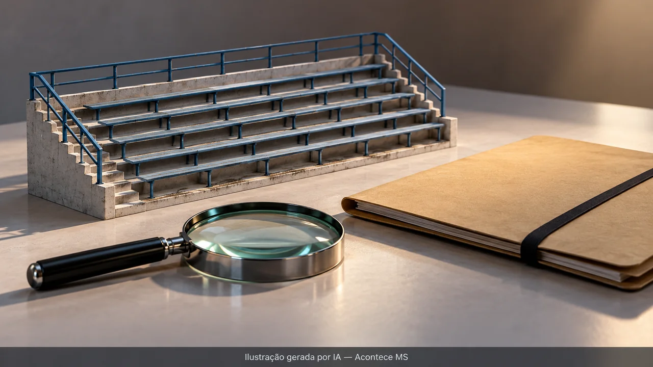 Composição ilustrativa com arquibancada em miniatura, lupa e pasta de investigação. Ilustração gerada por IA — Acontece MS; não é fotografia do fato.