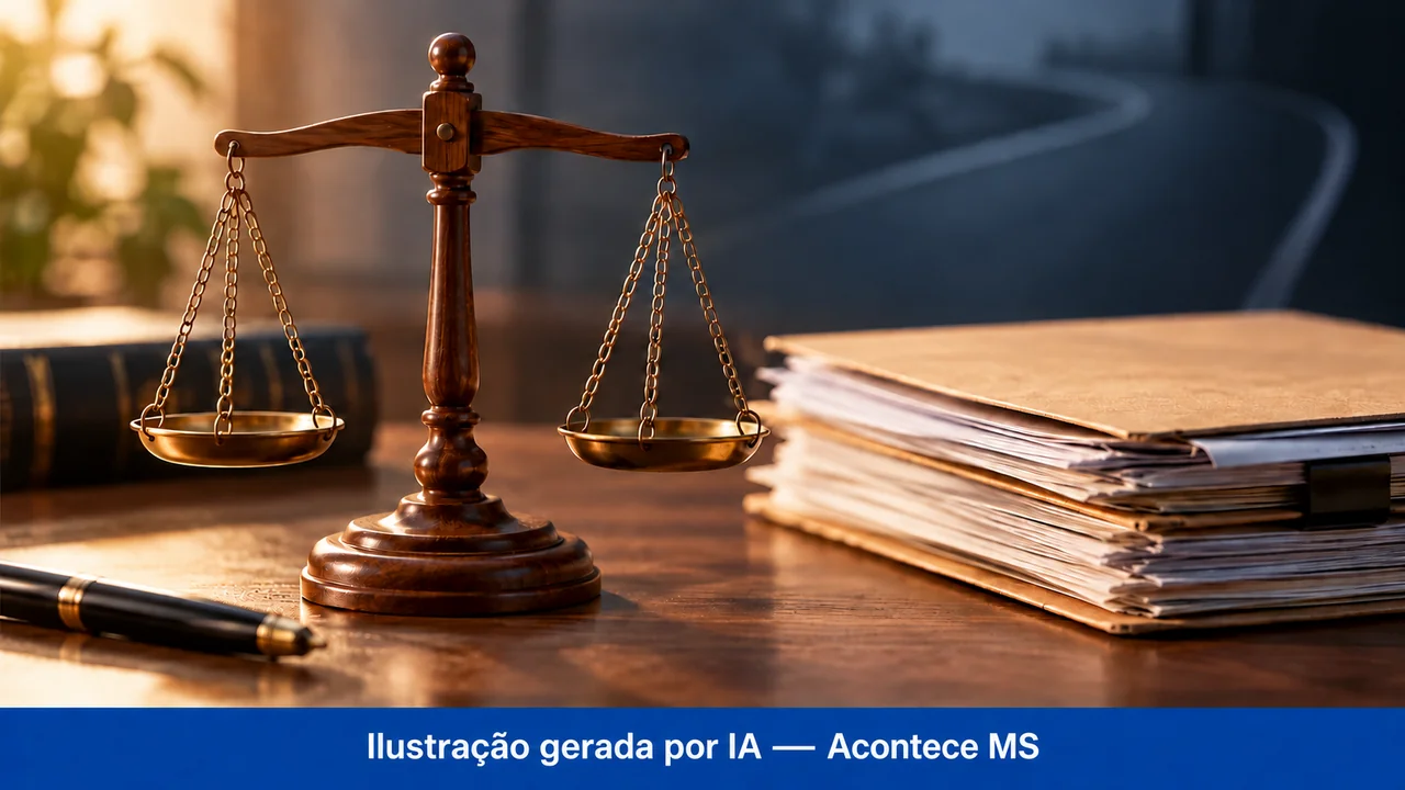 Balança de madeira e pasta de documentos em ilustração conceitual. Ilustração gerada por IA — Acontece MS; não é fotografia do fato.