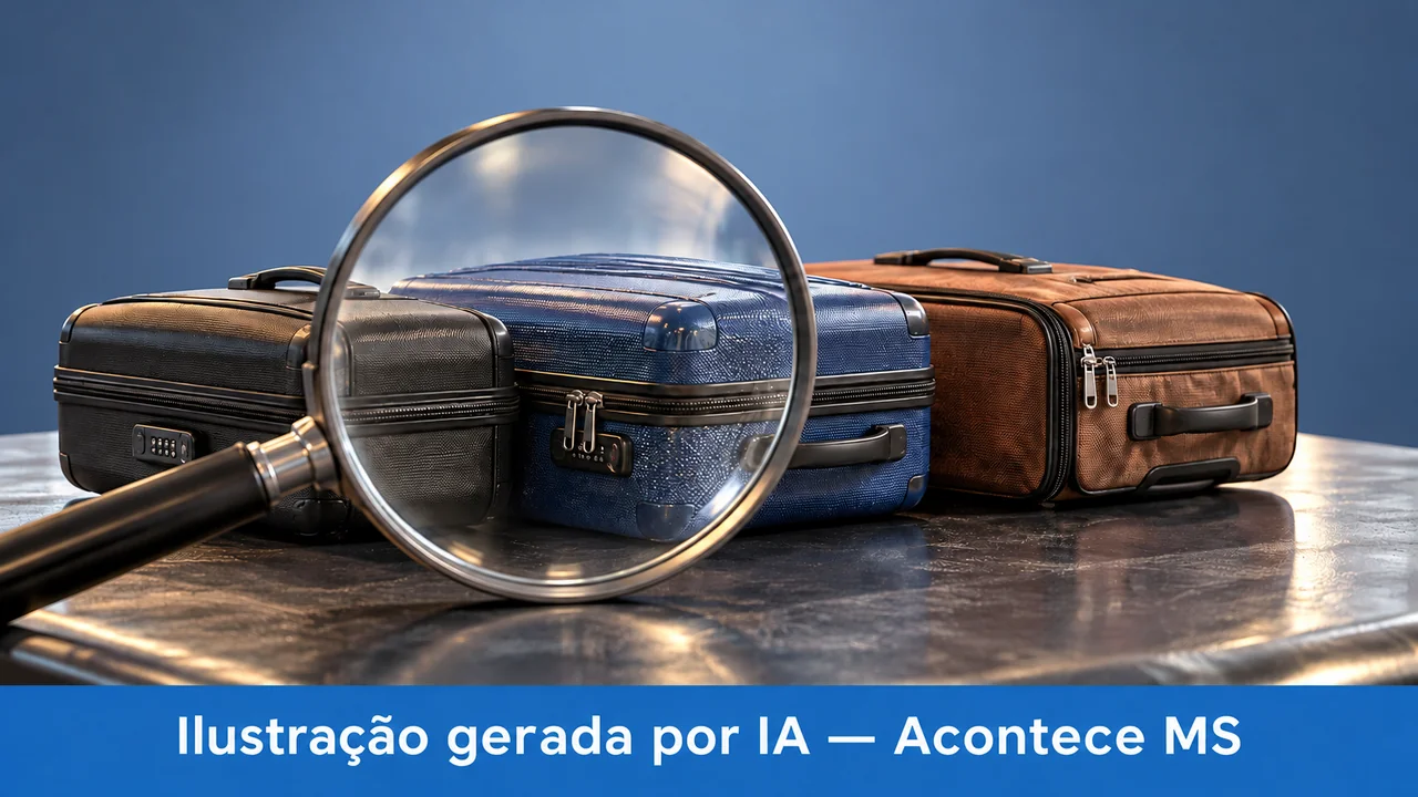 Objetos em miniatura e documentos em composição simbólica de fiscalização ou investigação. Ilustração gerada por IA — Acontece MS; não é fotografia do fato.