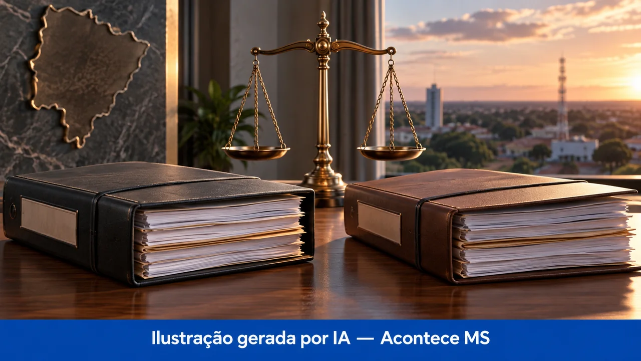 Objetos em miniatura e documentos em composição simbólica de fiscalização ou investigação. Ilustração gerada por IA — Acontece MS; não é fotografia do fato.