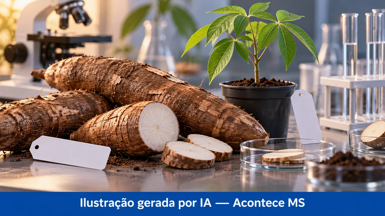 Raízes e muda genérica de mandioca em bancada cenográfica simbolizam pesquisa agrícola, sem retratar o clone estudado. Ilustração gerada por IA — Acontece MS; não é fotografia do fato.