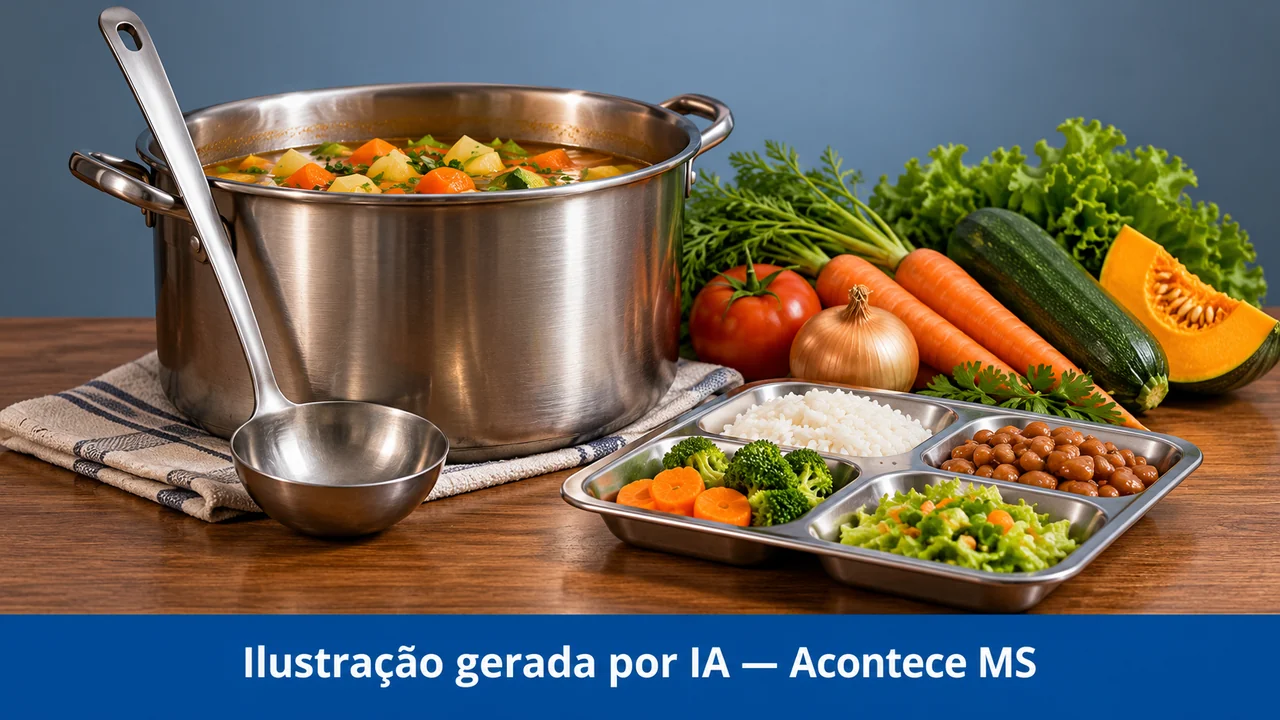 Panela, concha, legumes e bandeja em composição de alimentação escolar. Ilustração gerada por IA — Acontece MS; não é fotografia do fato.