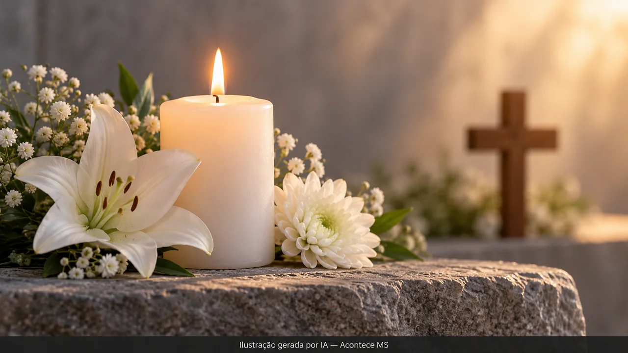 Vela branca, flores e pequena cruz em composição ilustrativa para Finados. Ilustração gerada por IA — Acontece MS; não é fotografia do fato.
