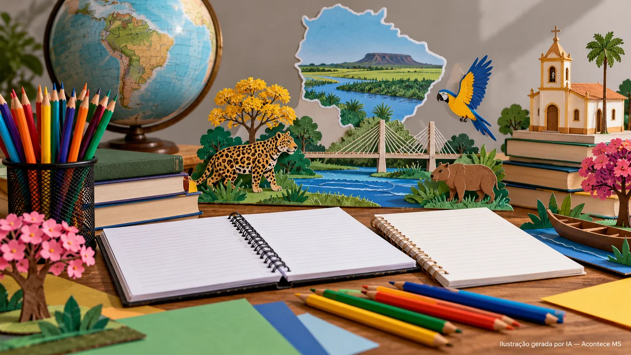 Cadernos, lápis, livros e pequenos projetos de papel em composição ilustrativa de mostra escolar. Ilustração gerada por IA — Acontece MS; não é fotografia do fato.