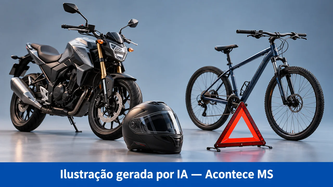 Miniaturas separadas de motocicleta e bicicleta, capacete e triângulo de sinalização sobre mesa. Ilustração gerada por IA — Acontece MS; não é fotografia do fato.