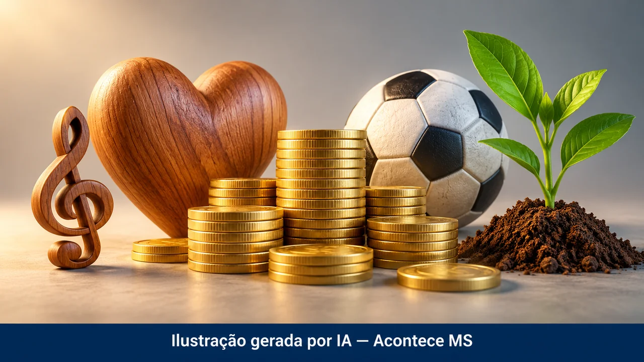 Coração e clave musical de madeira, bola, moedas e broto simbolizam apoio a projetos sociais. Ilustração gerada por IA — Acontece MS; não é fotografia do fato.