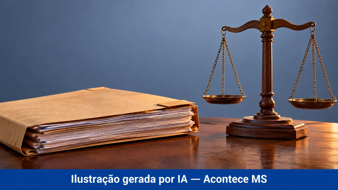Objetos em miniatura e documentos em composição simbólica de fiscalização ou investigação. Ilustração gerada por IA — Acontece MS; não é fotografia do fato.